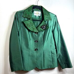 (R) Anna Rossi vintage green jacket with embroidered collar, silk & wool, Siz 10